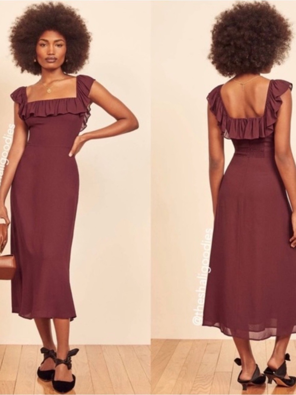 Reformation Burgundy Ruffle-Trim Square Neck Midi Dress